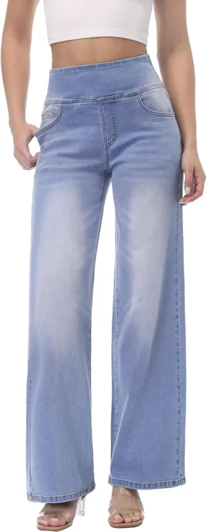 Pull on Wide Leg Jeans for Women, High Waisted Stretchy Baggy Trendy Tummy Control Straight Leg Jeans Denim Pants