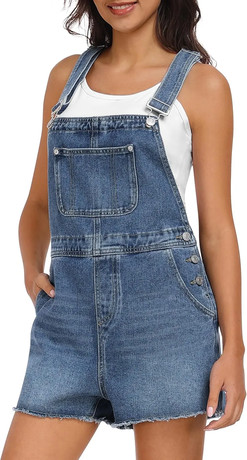Qazel Vorrlon Denim Overall Shorts for Women Casual Summer Adjustable Strap Rompers with Pockets Bib Jeans Shortalls