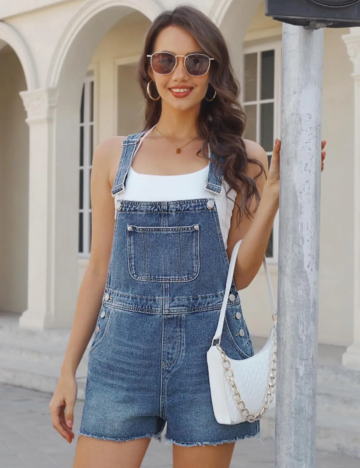 Qazel Vorrlon Denim Overall Shorts for Women Casual Summer Adjustable Strap Rompers with Pockets Bib Jeans Shortalls