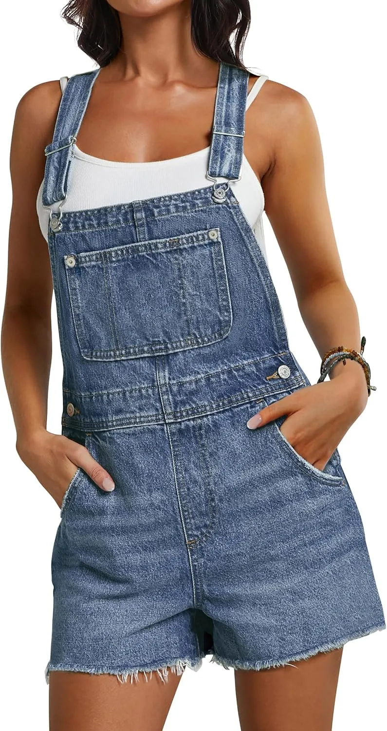 Qazel Vorrlon Denim Overall Shorts for Women Casual Summer Adjustable Strap Rompers with Pockets Bib Jeans Shortalls
