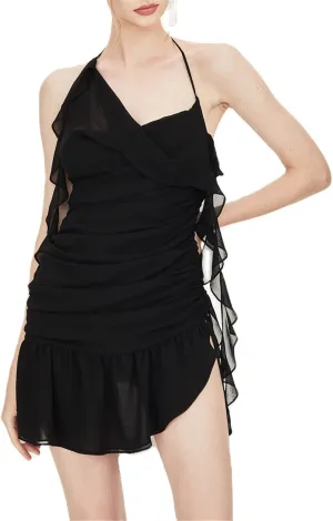 Raruxxin Women Halter Neck Short Dress Irregular Ruffle Hem Fringed Sleeveless Mini Dress Y2k Sexy Open Back Fairy Dresses