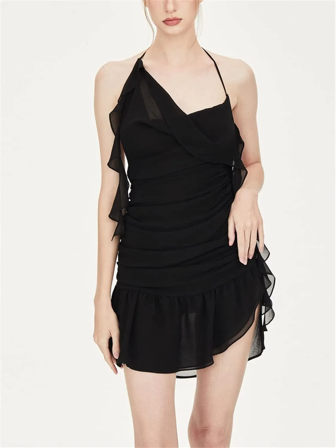Raruxxin Women Halter Neck Short Dress Irregular Ruffle Hem Fringed Sleeveless Mini Dress Y2k Sexy Open Back Fairy Dresses