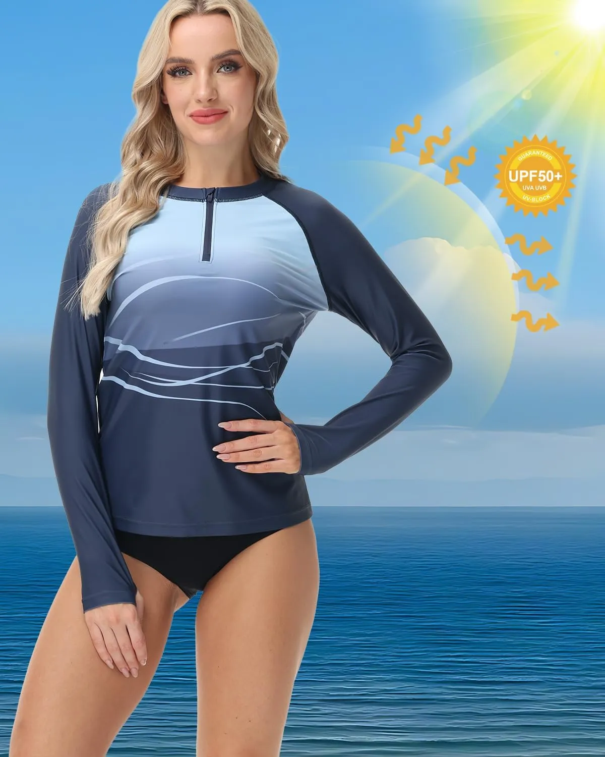 Rash Guard for Women UPF 50  Swim Shirts 1/4 Zip Long Sleeve SPF UV Protection Shirts No Bottom Tops with Thumb Hole