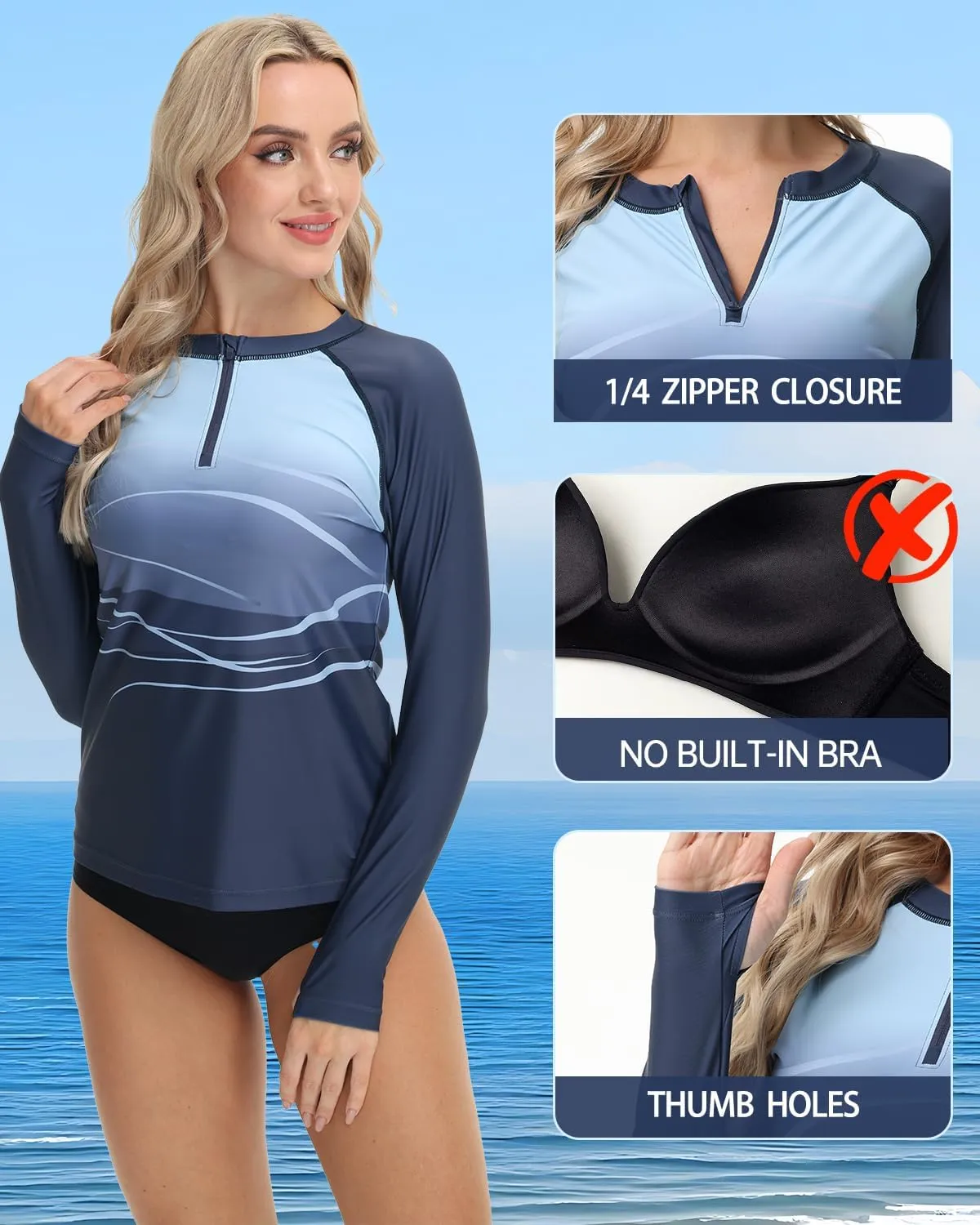 Rash Guard for Women UPF 50  Swim Shirts 1/4 Zip Long Sleeve SPF UV Protection Shirts No Bottom Tops with Thumb Hole