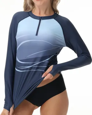 Rash Guard for Women UPF 50  Swim Shirts 1/4 Zip Long Sleeve SPF UV Protection Shirts No Bottom Tops with Thumb Hole