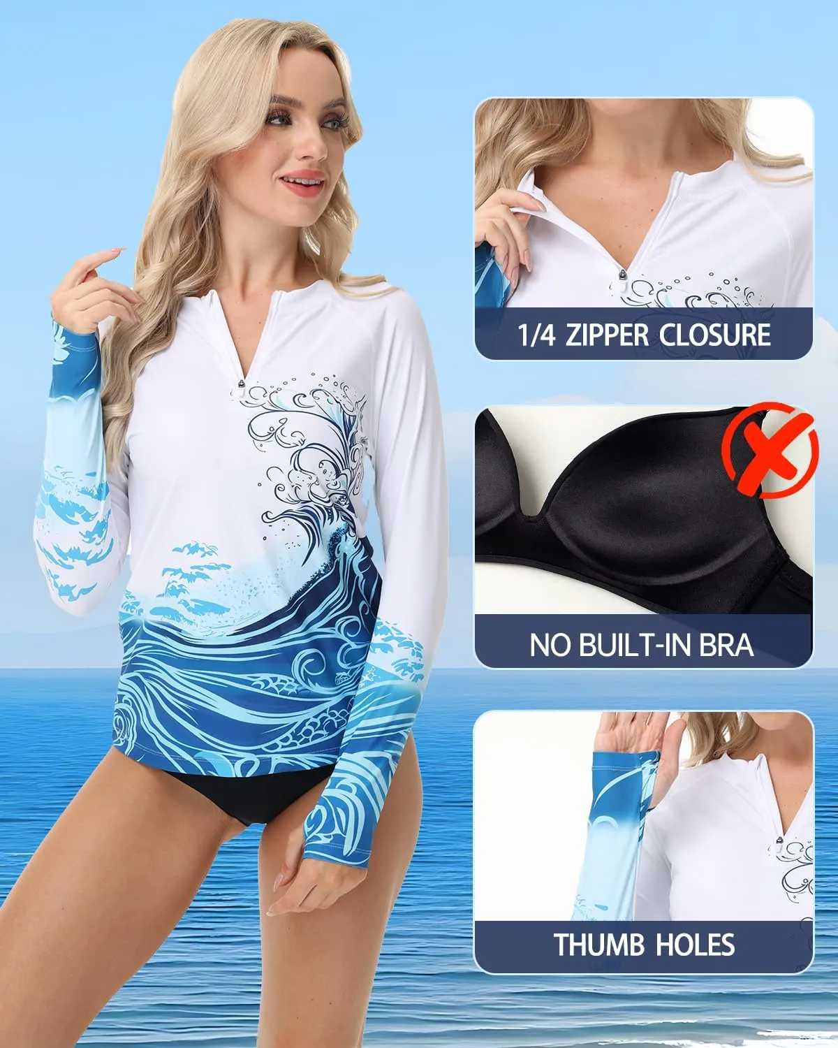 Rash Guard for Women UPF 50  Swim Shirts 1/4 Zip Long Sleeve SPF UV Protection Shirts No Bottom Tops with Thumb Hole