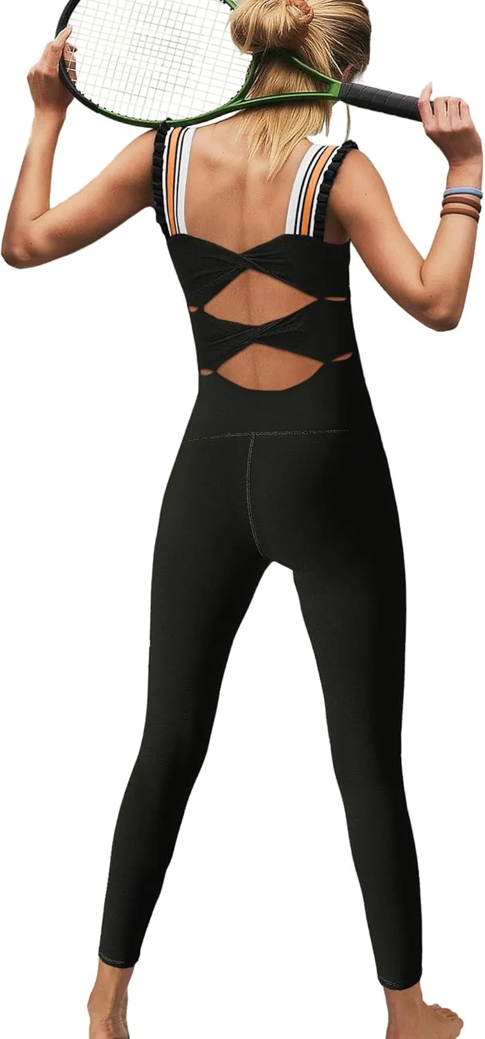 ReachMe Womens One Piece Workout Jumpsuits Athletic Summer Outfits Yoga Leggings Romper Bodycon Gym Bodysuits