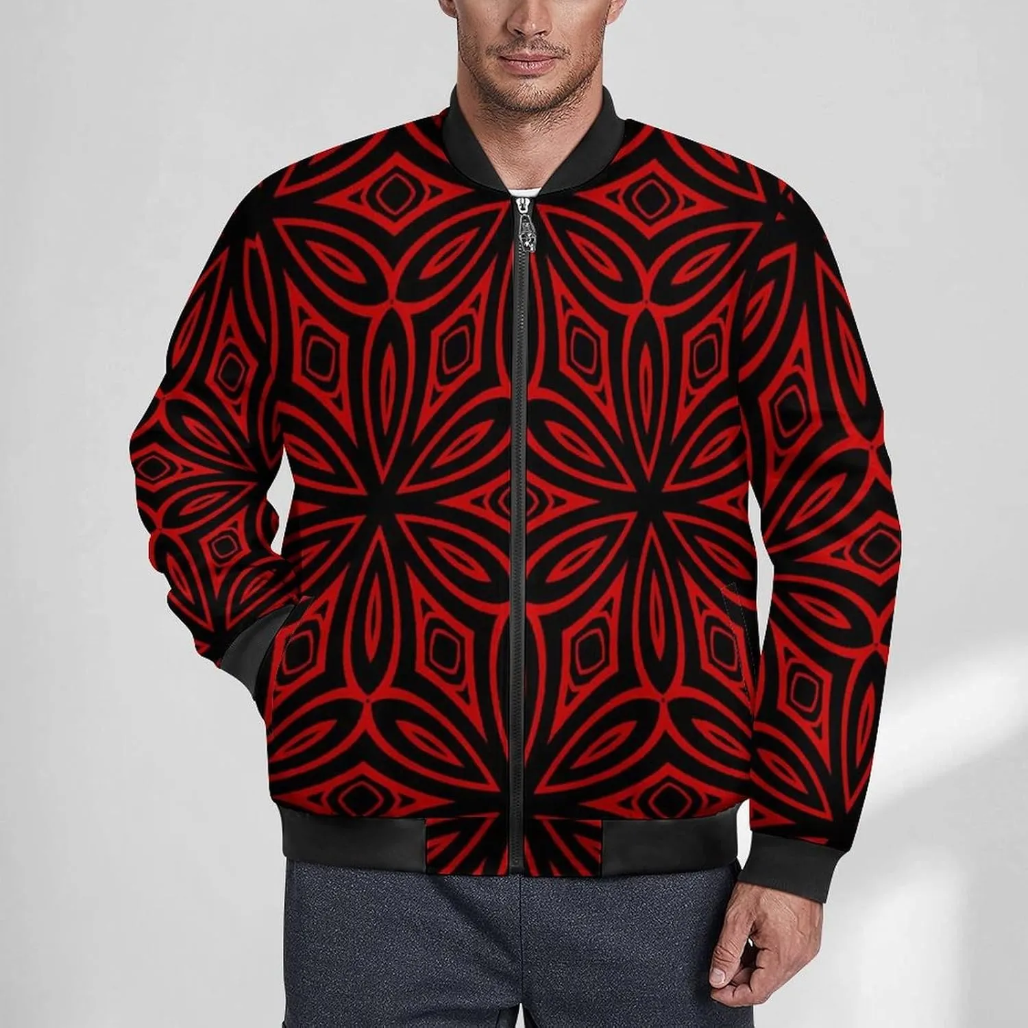 Red Geometric Bandana Print Men's Bomber Jacket Lightweight Windbreaker Fashion Spring Fall Coats Casual Jackets for Men