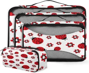 Red Ladybug Flower Floral Packing Cubes 4 Pack Travel Packing Bags Individual Carry on Suitcases Underwear Luggage Mesh Organizer Packing Cubes Set for Travel Bag Backpack