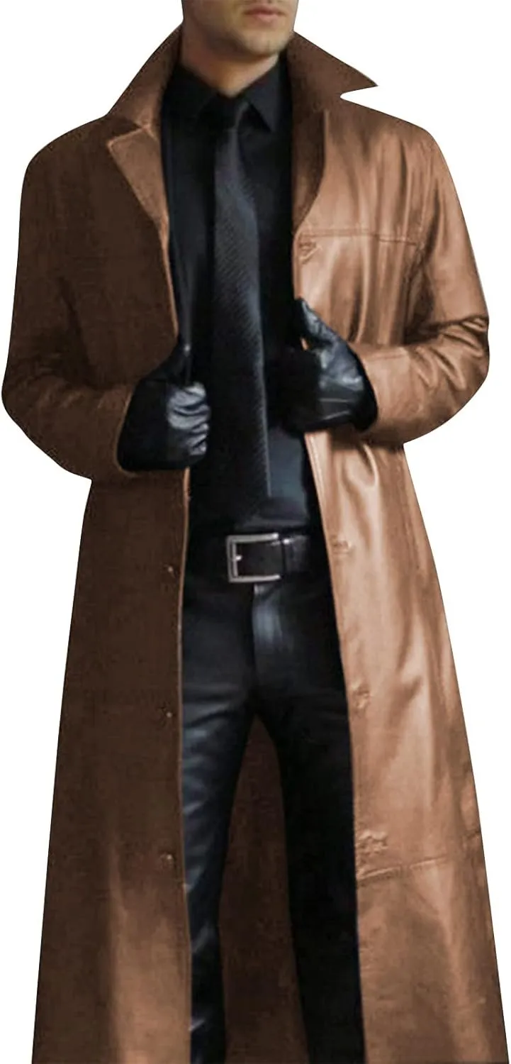 RTRDE Men's Leather Coats Black Faux Jackets Long Motorcycle Overcoat Trench Jacket, M-5XL
