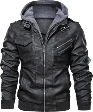 RTRDE Men's Leather Jacket Casual Motorcycle Jacket for Faux Bomber Jacket with Hood Jacket, M-3XL