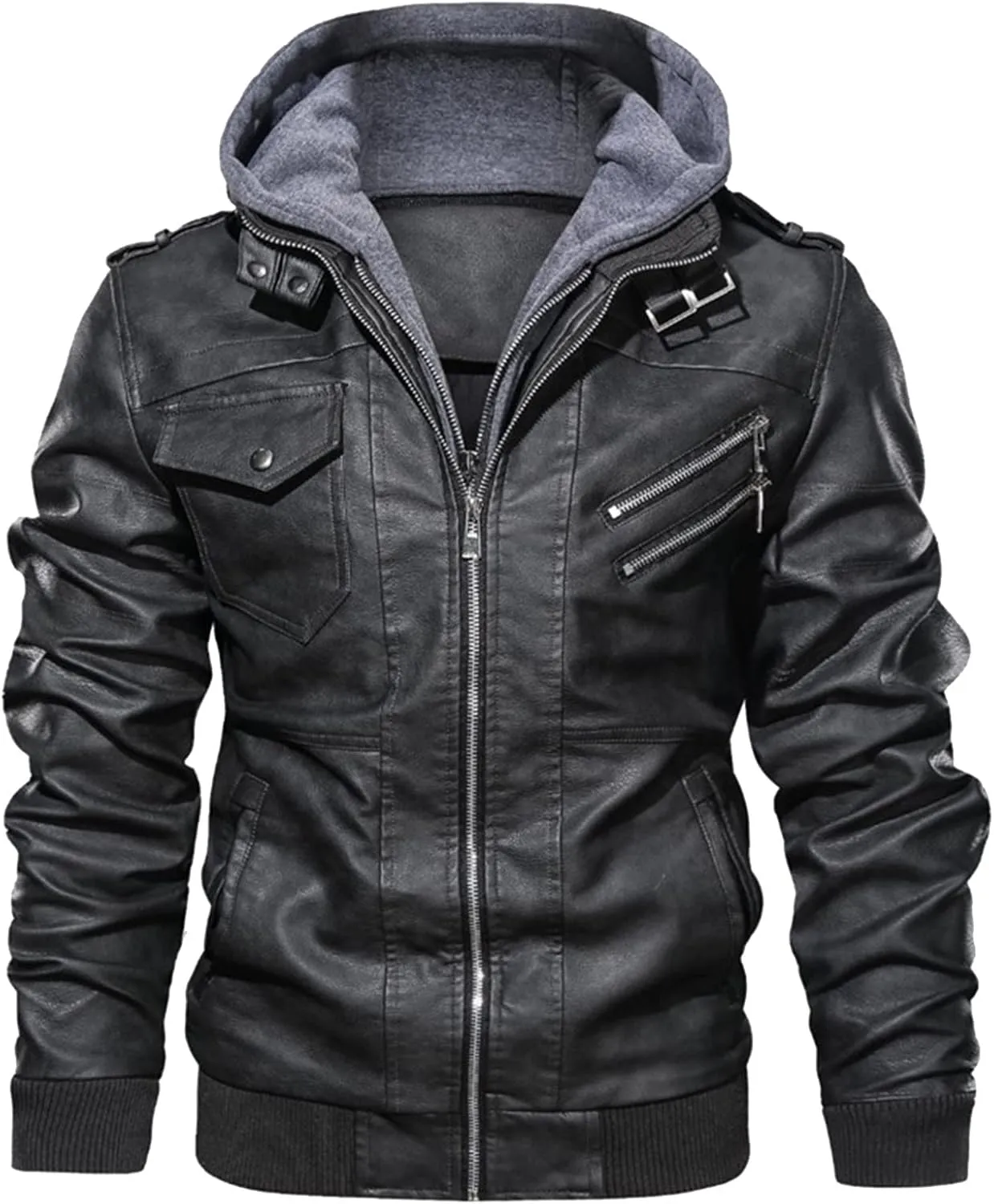 RTRDE Men's Leather Jacket Casual Motorcycle Jacket for Faux Bomber Jacket with Hood Jacket, M-3XL