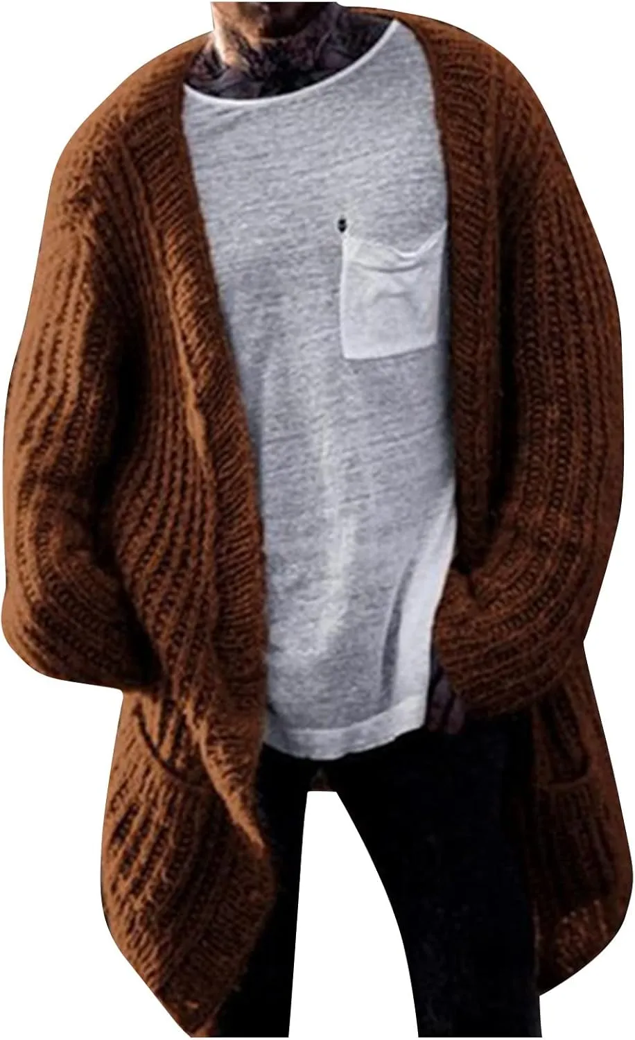 RTRDE Mens Trench Coat Long Cardigan Sweater Open Front Sleeve Knit Casual Fashion Coat with Pockets Winter, M-3XL