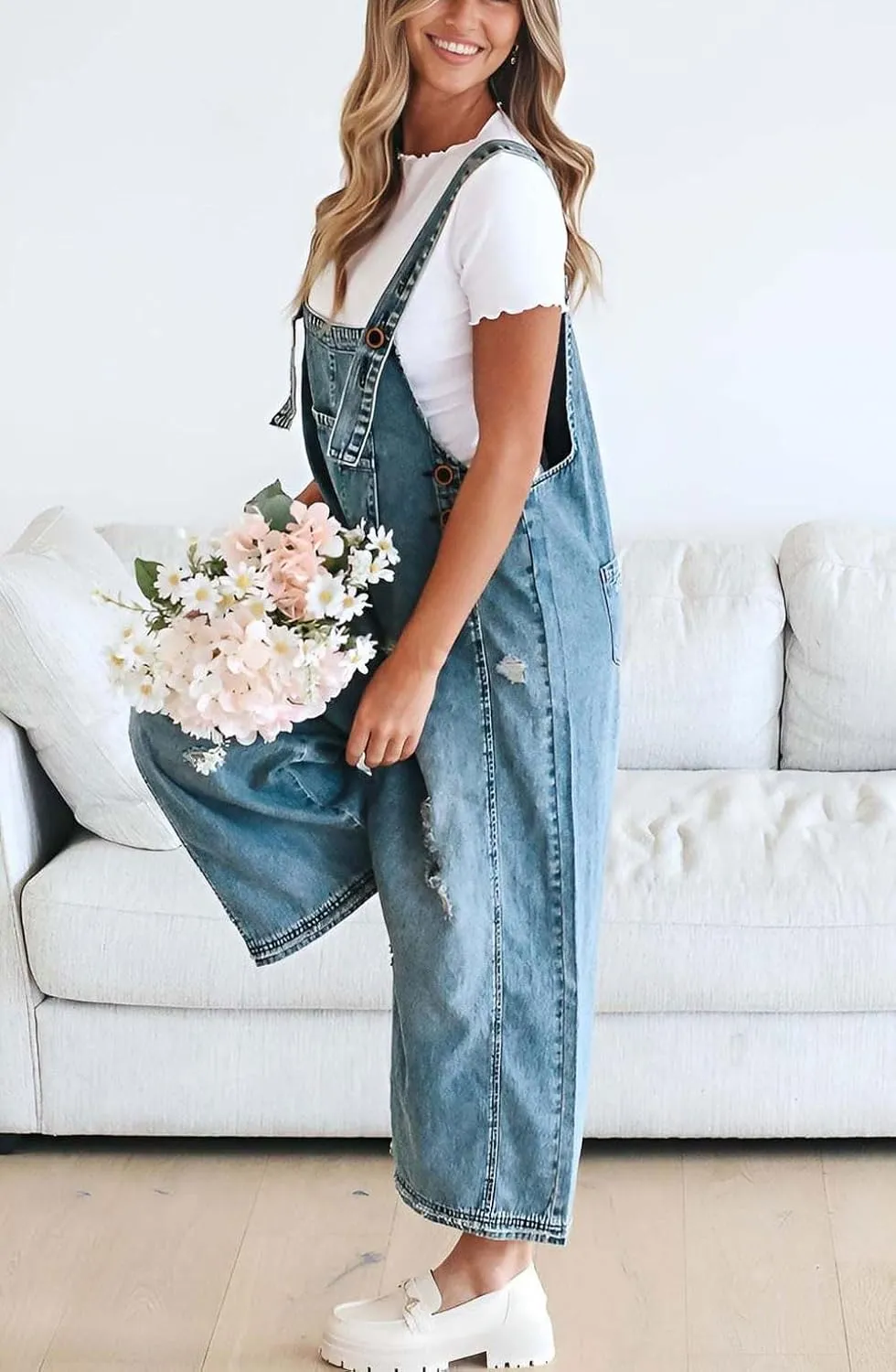 Ru Sweet Women Loose Adjustable Strap Denim Bib Overall Jeans Distressed Wide Leg Baggy Overalls Jumpsuit