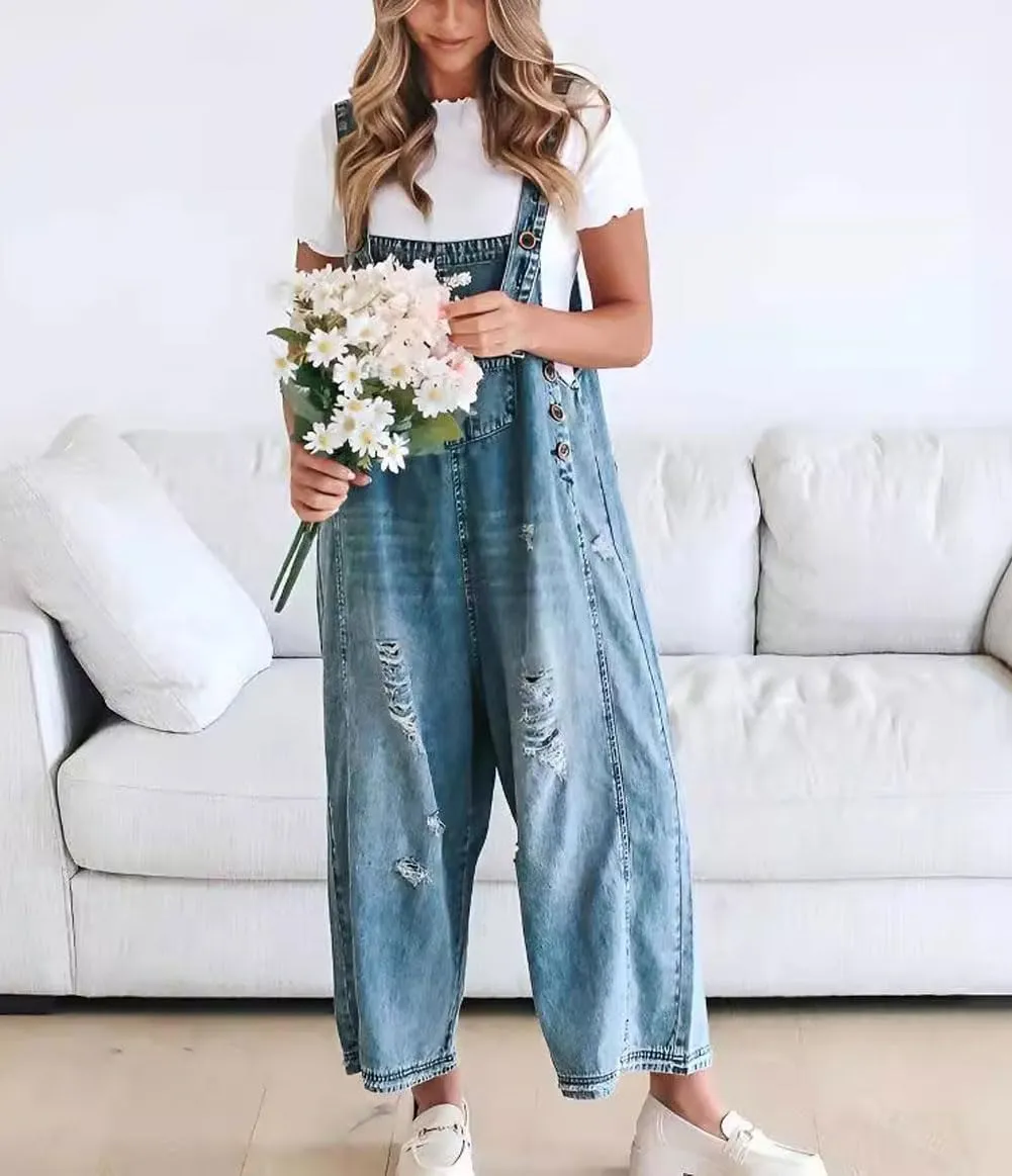 Ru Sweet Women Loose Adjustable Strap Denim Bib Overall Jeans Distressed Wide Leg Baggy Overalls Jumpsuit