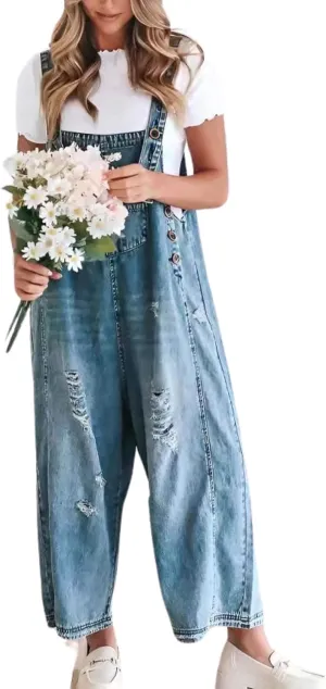 Ru Sweet Women Loose Adjustable Strap Denim Bib Overall Jeans Distressed Wide Leg Baggy Overalls Jumpsuit