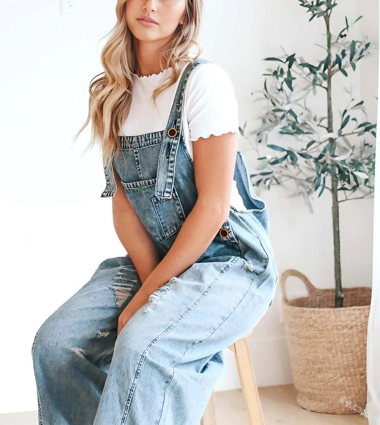 Ru Sweet Women Loose Adjustable Strap Denim Bib Overall Jeans Distressed Wide Leg Baggy Overalls Jumpsuit