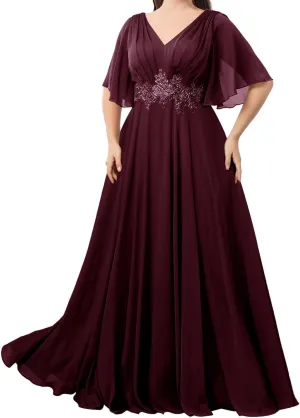 Ruffles Sleeves Mother of The Bride Dresses for Women Chiffon Appliques Formal Dress Evening Gown