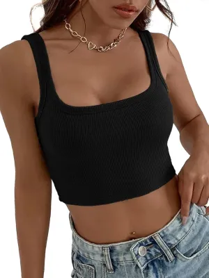 SansoiSan Women's Letter Embroidery Camisole Sleeveless Square Neck Knitted Slim Cropped Tank Top