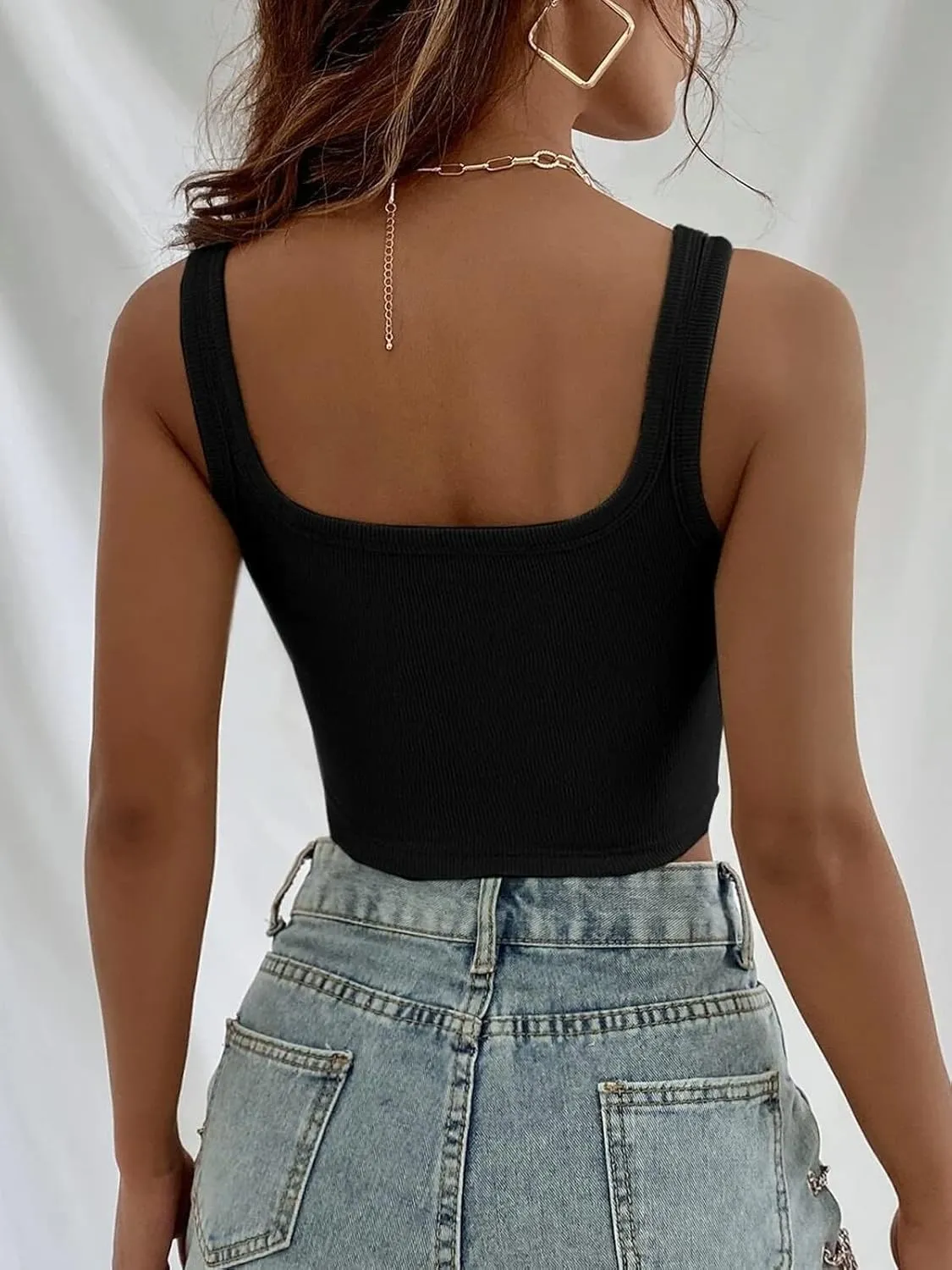 SansoiSan Women's Letter Embroidery Camisole Sleeveless Square Neck Knitted Slim Cropped Tank Top