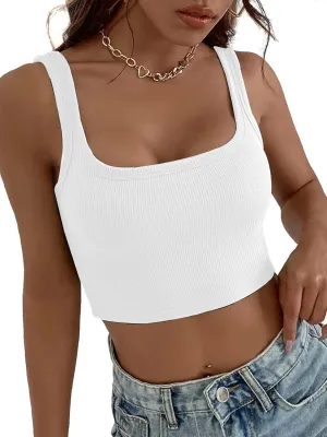 SansoiSan Women's Letter Embroidery Camisole Sleeveless Square Neck Knitted Slim Cropped Tank Top