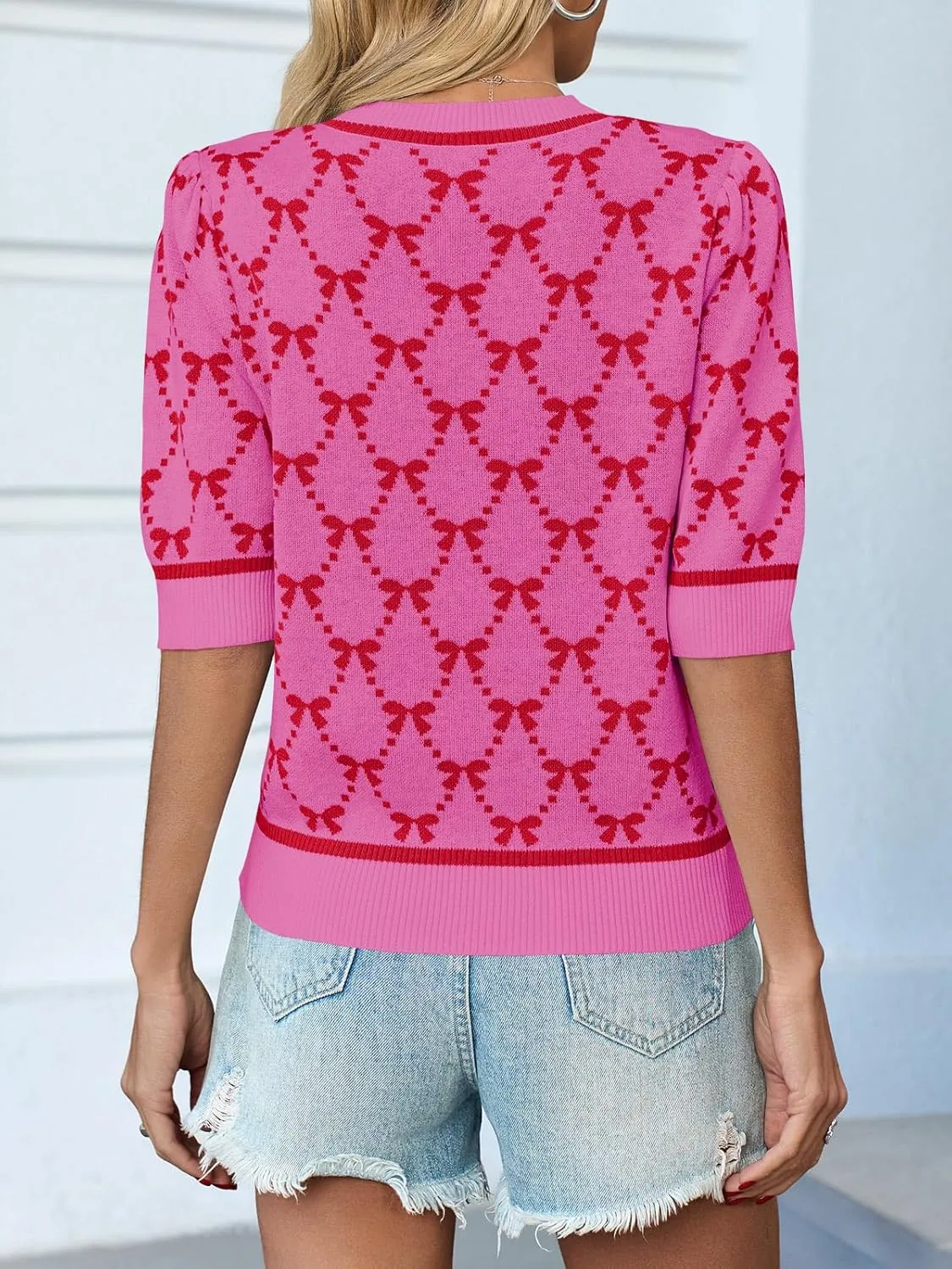 Saodimallsu Womens Puff Short Sleeve Sweater Cute Bow Knit Casual Crew Neck Loose Fit Summer Trendy Pullover Tops