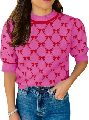 Saodimallsu Womens Puff Short Sleeve Sweater Cute Bow Knit Casual Crew Neck Loose Fit Summer Trendy Pullover Tops