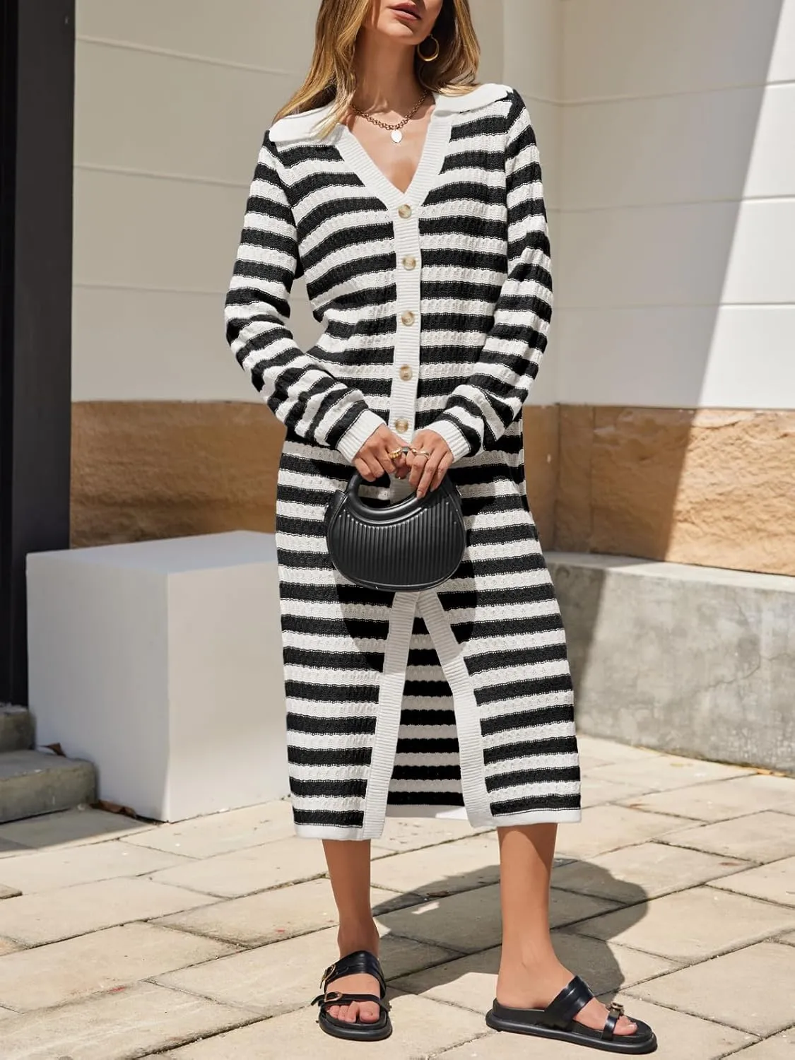 Saodimallsu Womens Striped Midi Sweater Dress V Neck Collared Long Sleeve Button Down Loose Knit Duster Cardigan