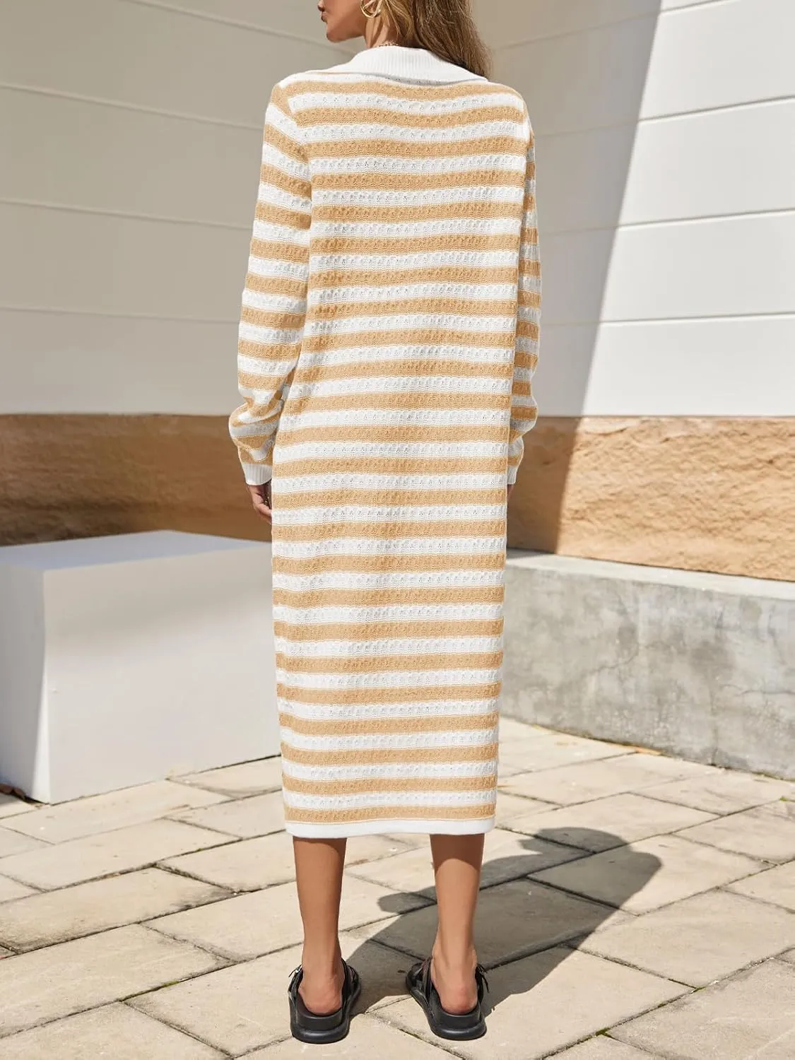 Saodimallsu Womens Striped Midi Sweater Dress V Neck Collared Long Sleeve Button Down Loose Knit Duster Cardigan