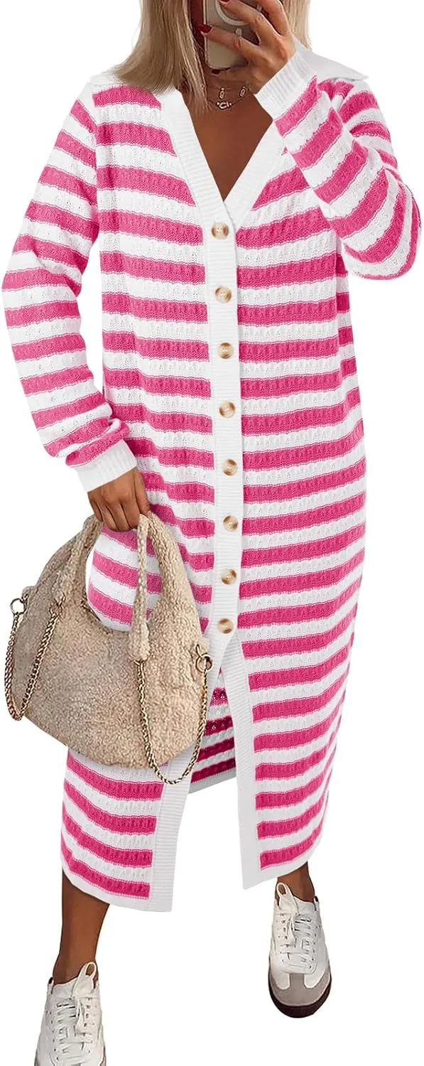 Saodimallsu Womens Striped Midi Sweater Dress V Neck Collared Long Sleeve Button Down Loose Knit Duster Cardigan