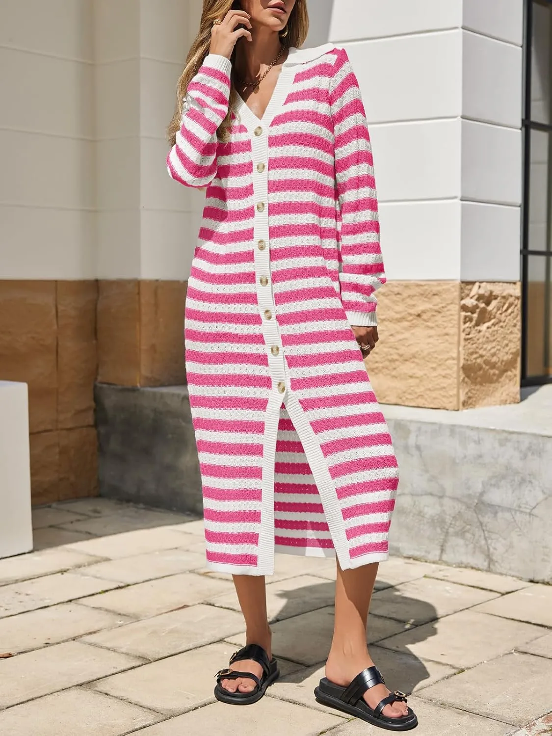 Saodimallsu Womens Striped Midi Sweater Dress V Neck Collared Long Sleeve Button Down Loose Knit Duster Cardigan