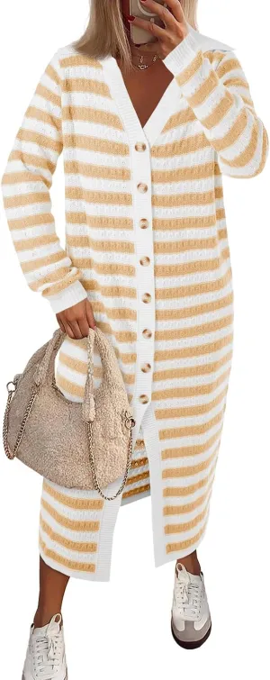 Saodimallsu Womens Striped Midi Sweater Dress V Neck Collared Long Sleeve Button Down Loose Knit Duster Cardigan