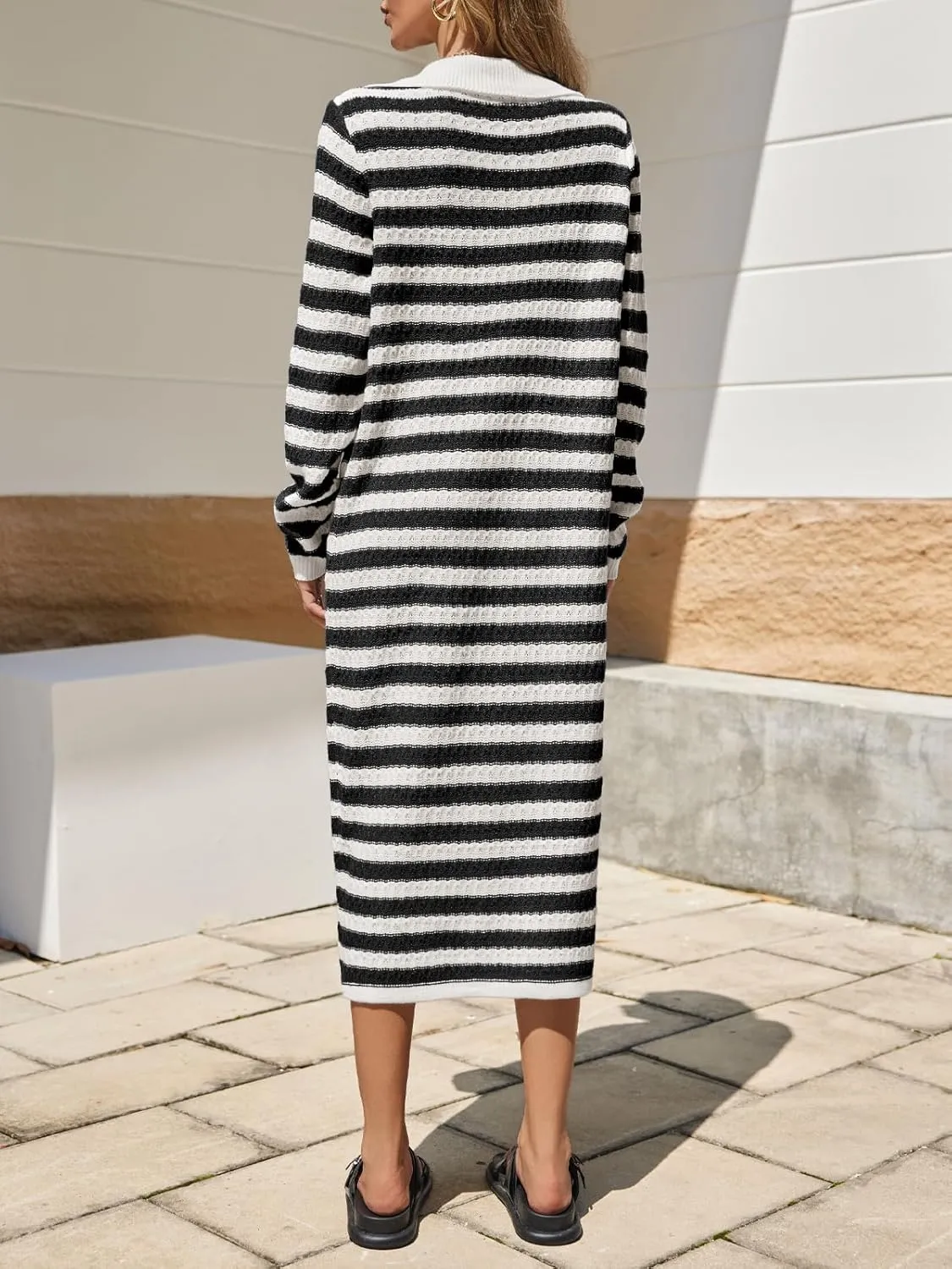 Saodimallsu Womens Striped Midi Sweater Dress V Neck Collared Long Sleeve Button Down Loose Knit Duster Cardigan