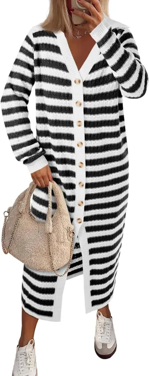 Saodimallsu Womens Striped Midi Sweater Dress V Neck Collared Long Sleeve Button Down Loose Knit Duster Cardigan