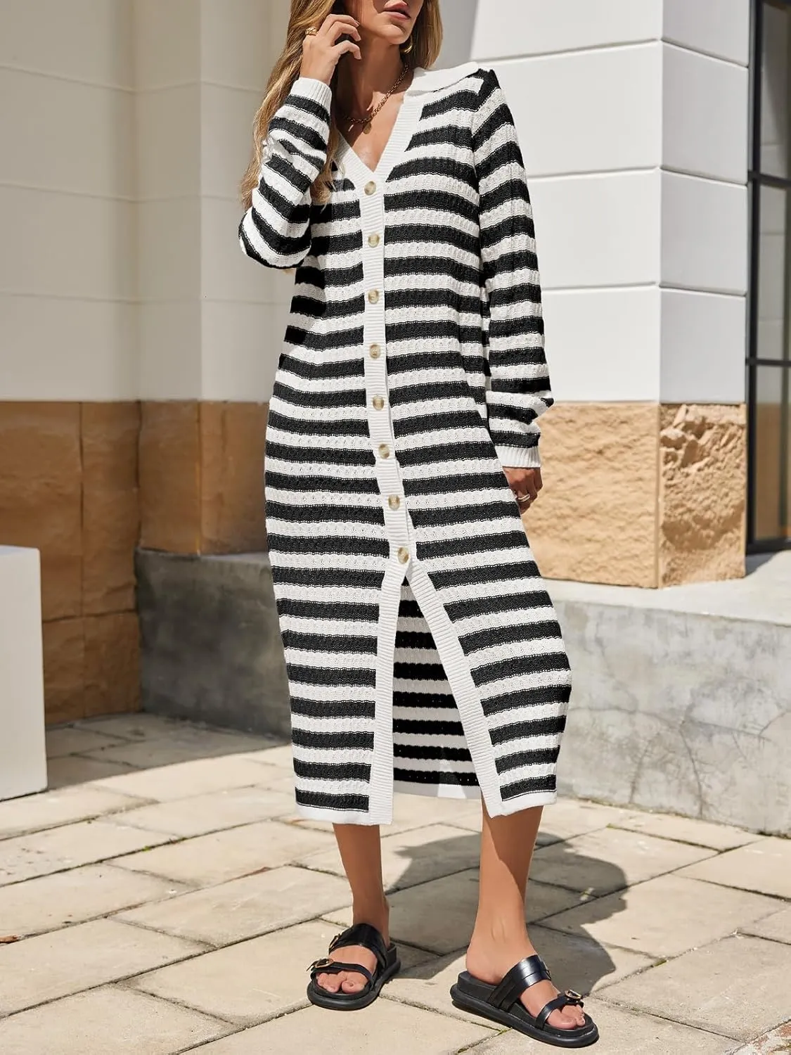 Saodimallsu Womens Striped Midi Sweater Dress V Neck Collared Long Sleeve Button Down Loose Knit Duster Cardigan