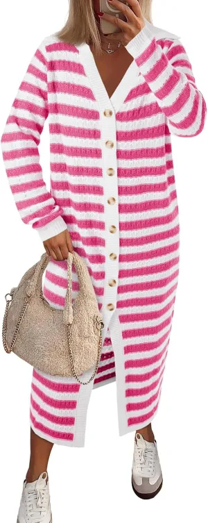 Saodimallsu Womens Striped Midi Sweater Dress V Neck Collared Long Sleeve Button Down Loose Knit Duster Cardigan