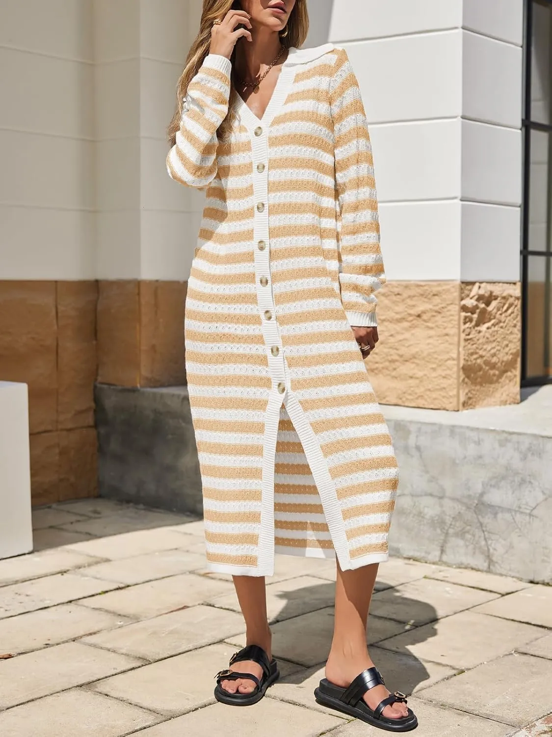 Saodimallsu Womens Striped Midi Sweater Dress V Neck Collared Long Sleeve Button Down Loose Knit Duster Cardigan