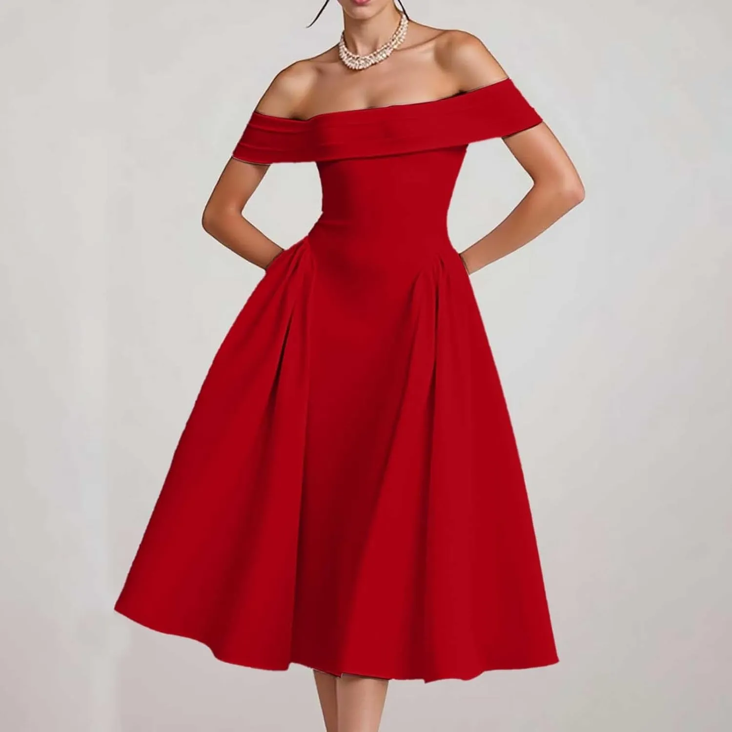 Satin Off The Shoulder Formal Midi Dress for Women A Line Ruched Tea Length Prom Party Womens Midi Casual Dresses