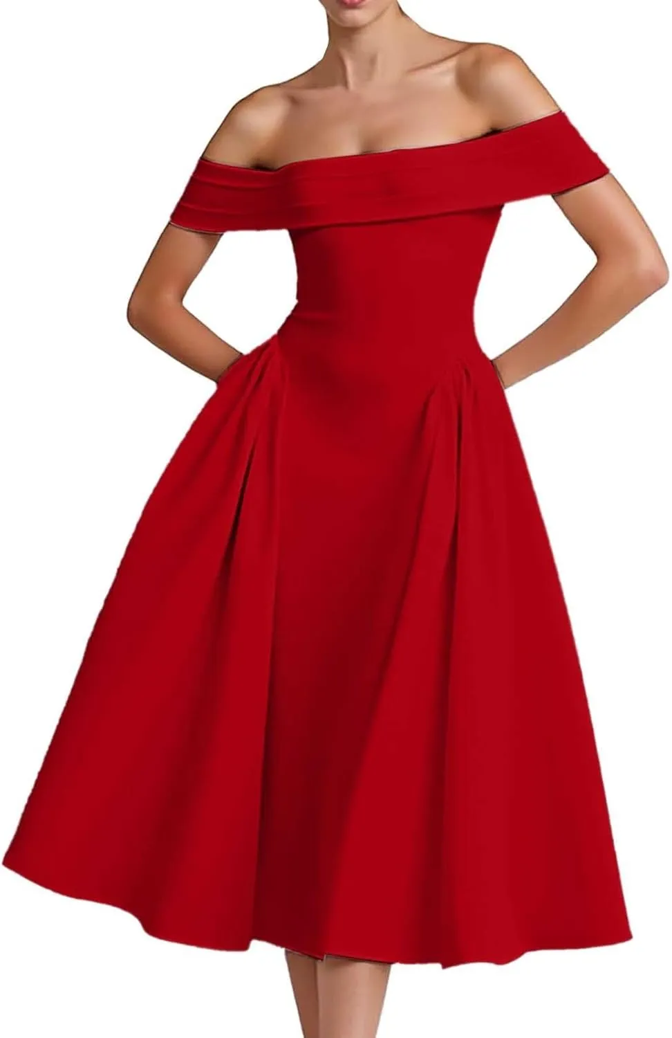 Satin Off The Shoulder Formal Midi Dress for Women A Line Ruched Tea Length Prom Party Womens Midi Casual Dresses