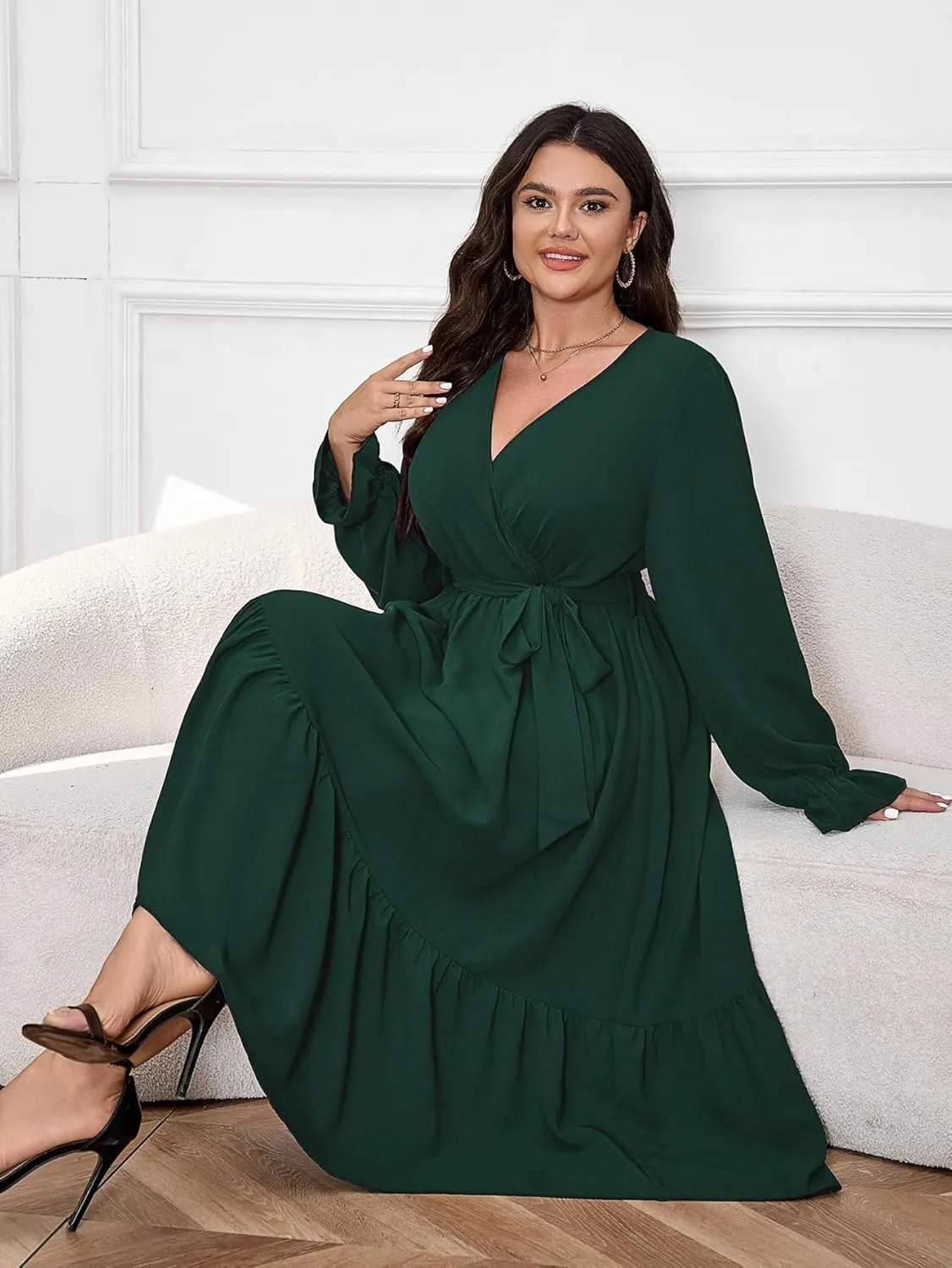 SCOMCHIC Womens Plus Size Wedding Guest Dresses Long Sleeve Faux Wrap V Neck Belted A-Line Flowy Maxi Cocktail Dress