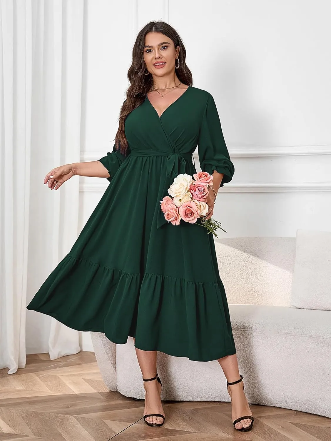 SCOMCHIC Womens Plus Size Wedding Guest Dresses Long Sleeve Faux Wrap V Neck Belted A-Line Flowy Maxi Cocktail Dress