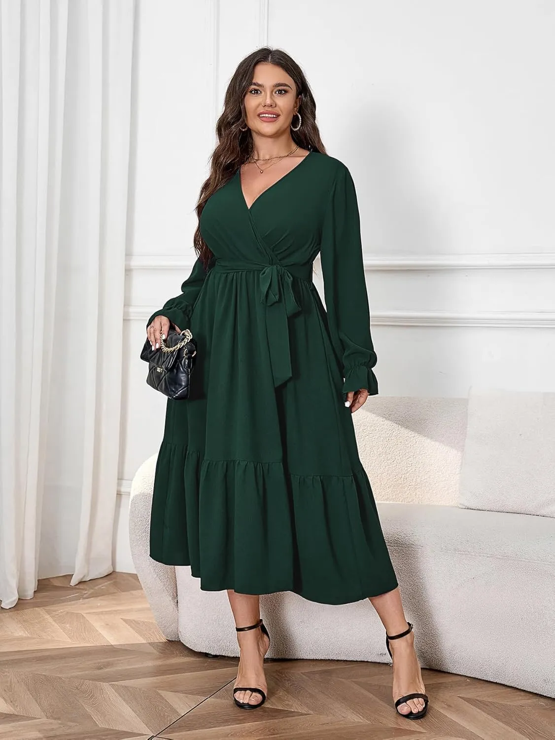 SCOMCHIC Womens Plus Size Wedding Guest Dresses Long Sleeve Faux Wrap V Neck Belted A-Line Flowy Maxi Cocktail Dress