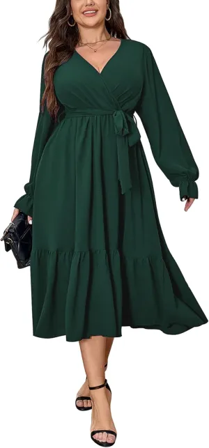 SCOMCHIC Womens Plus Size Wedding Guest Dresses Long Sleeve Faux Wrap V Neck Belted A-Line Flowy Maxi Cocktail Dress