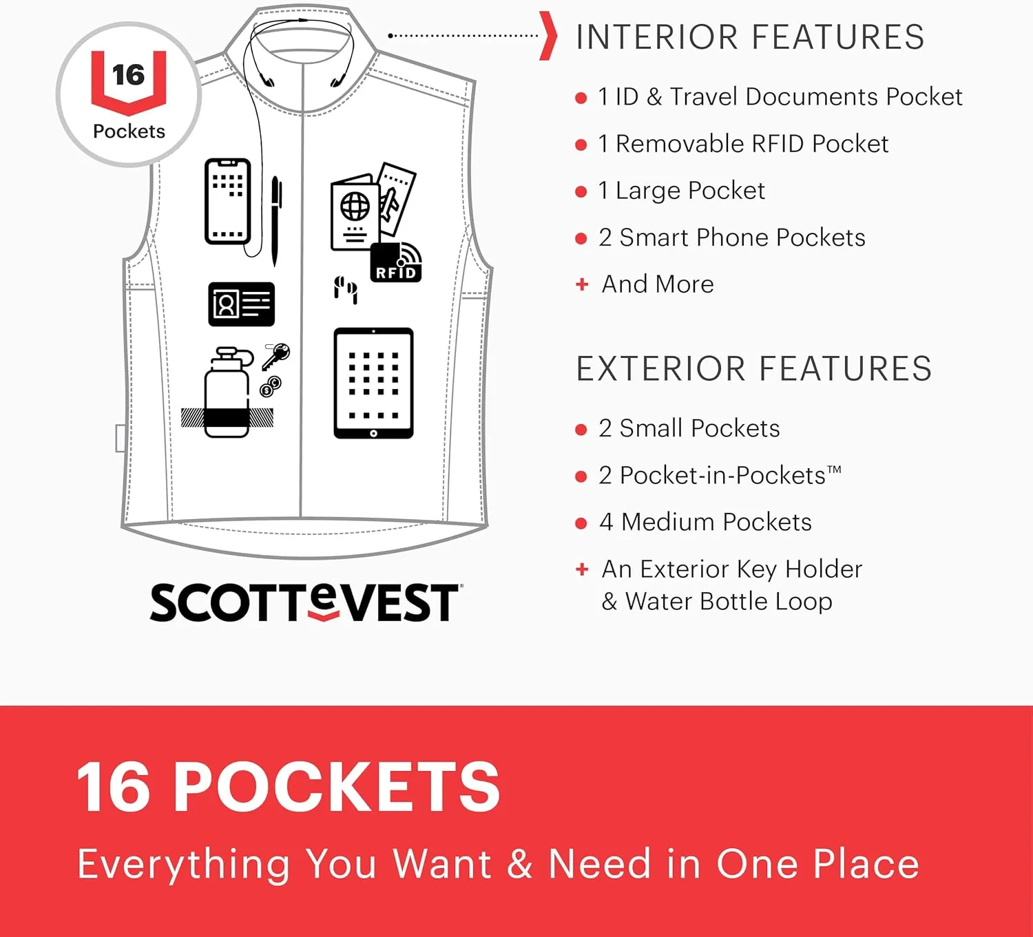 SCOTTeVEST Featherweight Vest for Men - 16 Hidden Pockets - Lightweight Water Repellent for Travel & More