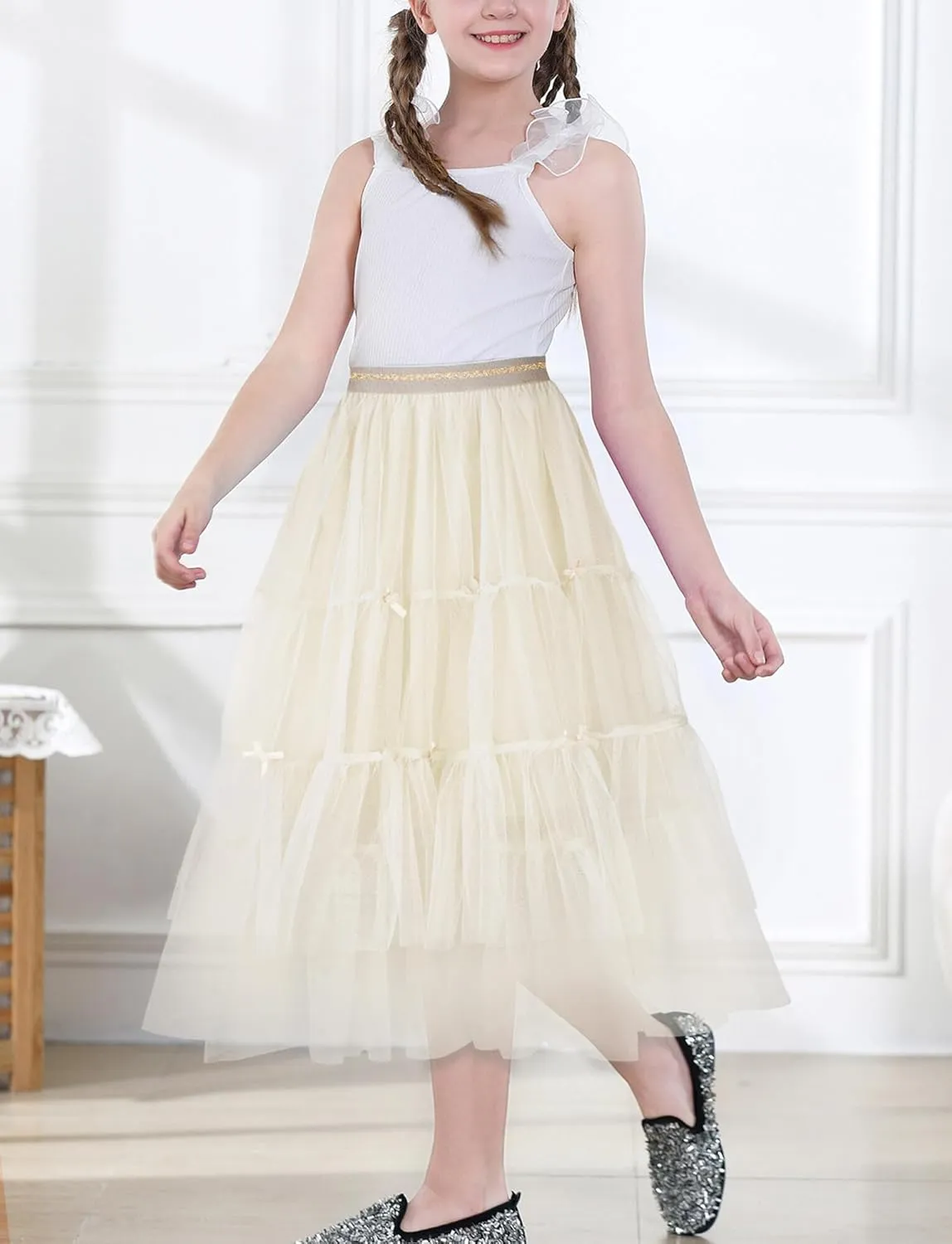 SEAUR Girls' Tulle A-line Mesh Long Tutu Skirts Casual Elastic High Waist Layered Skirt Party Princess Skirt