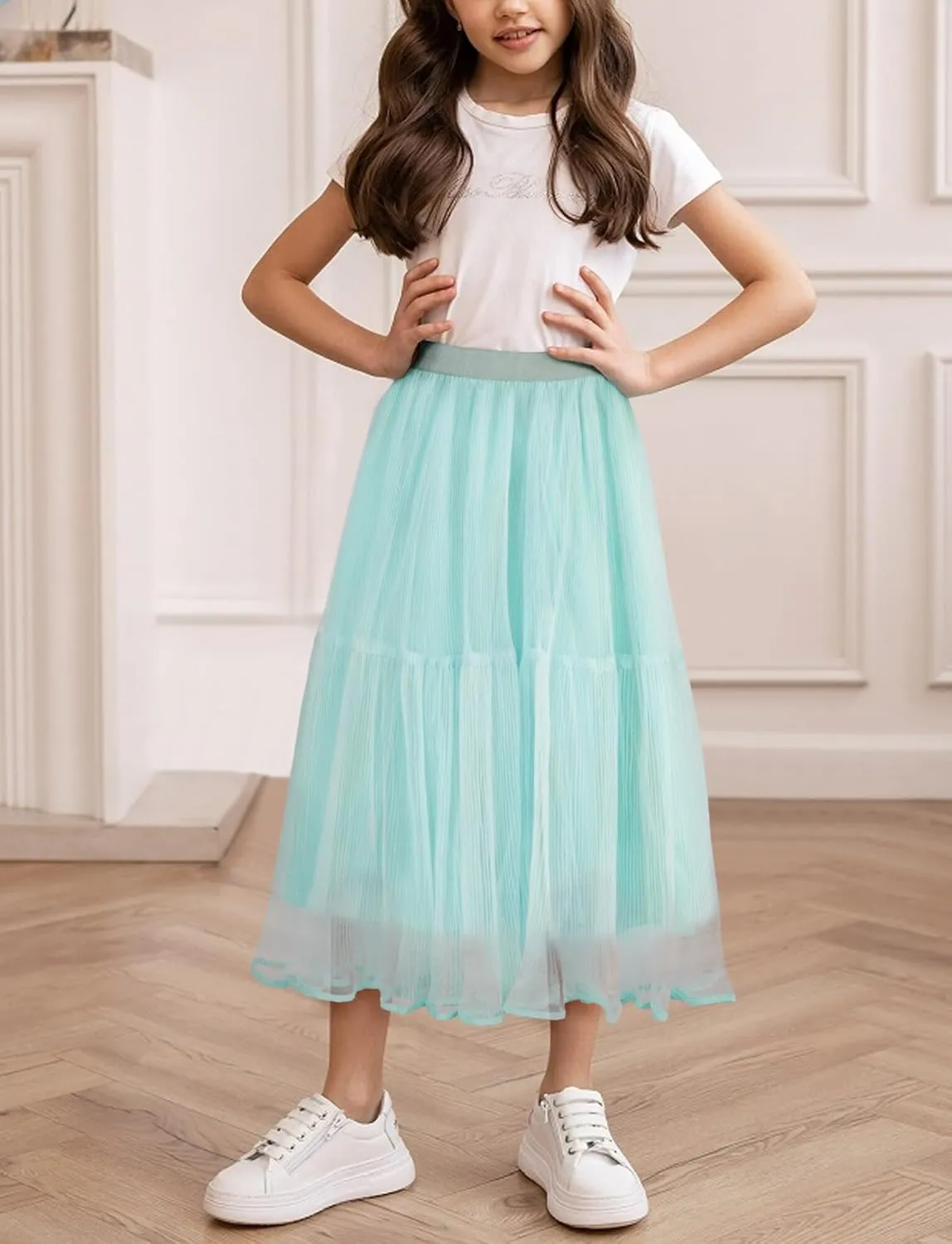 SEAUR Girls' Tulle A-line Mesh Long Tutu Skirts Casual Elastic High Waist Layered Skirt Party Princess Skirt