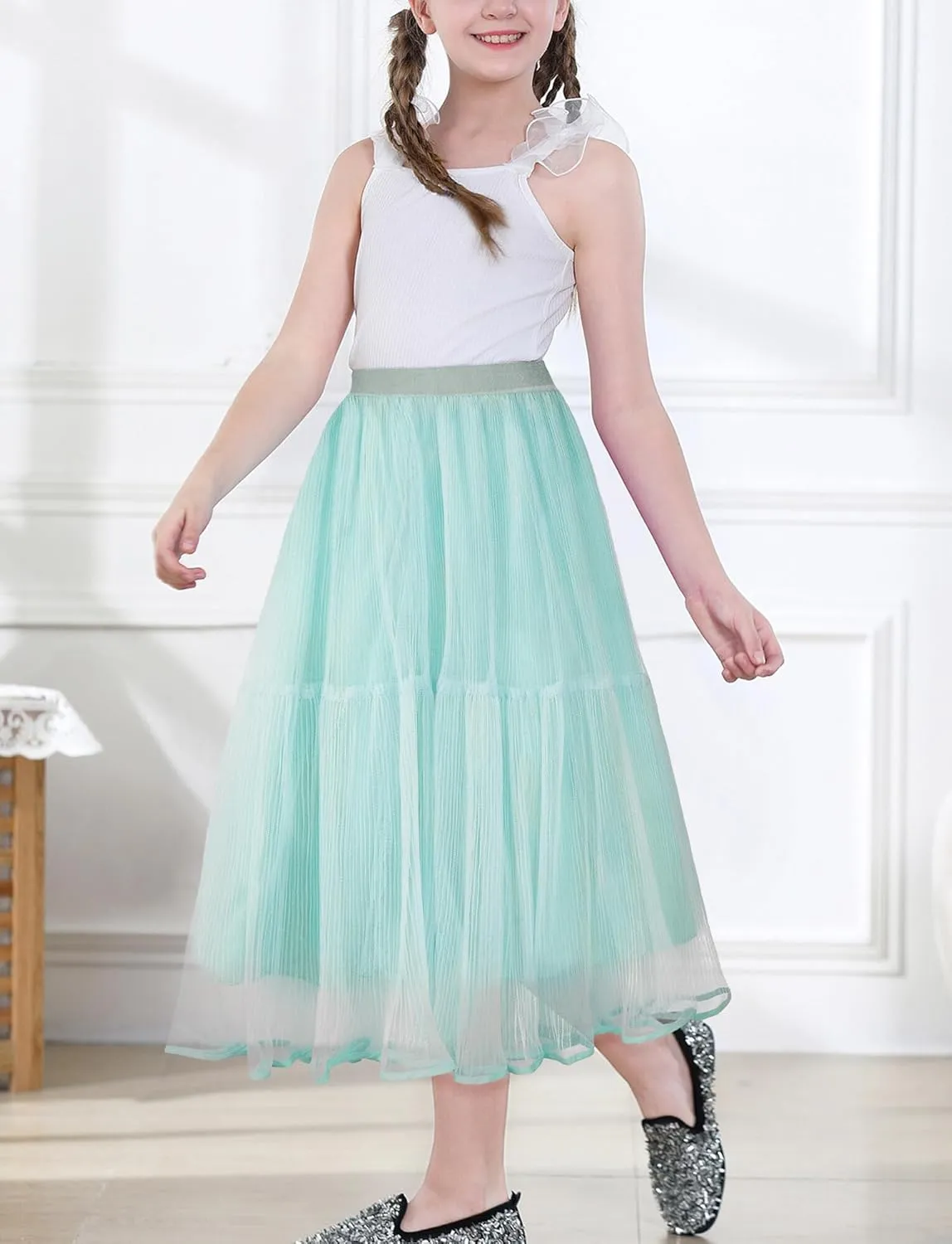 SEAUR Girls' Tulle A-line Mesh Long Tutu Skirts Casual Elastic High Waist Layered Skirt Party Princess Skirt