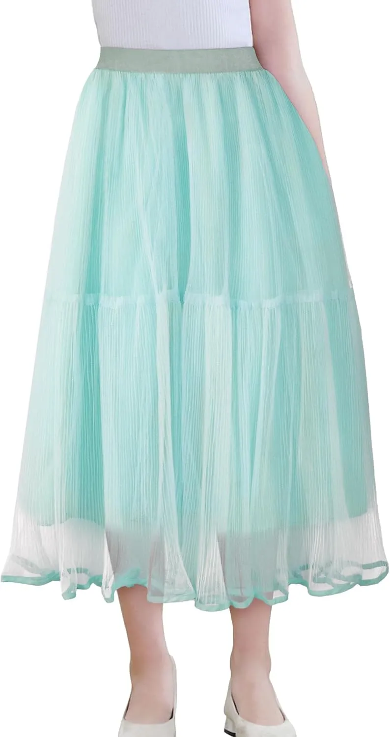 SEAUR Girls' Tulle A-line Mesh Long Tutu Skirts Casual Elastic High Waist Layered Skirt Party Princess Skirt