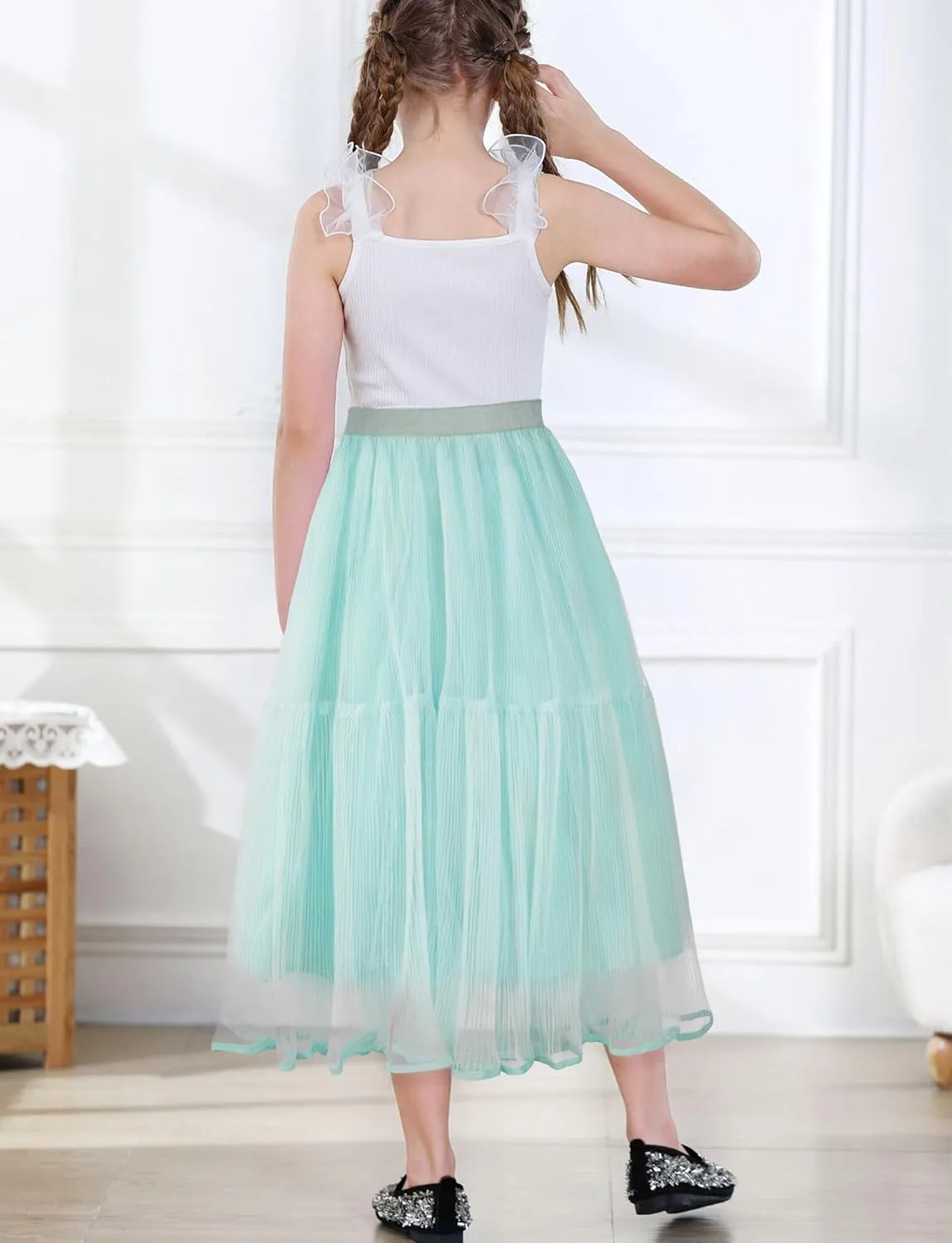 SEAUR Girls' Tulle A-line Mesh Long Tutu Skirts Casual Elastic High Waist Layered Skirt Party Princess Skirt