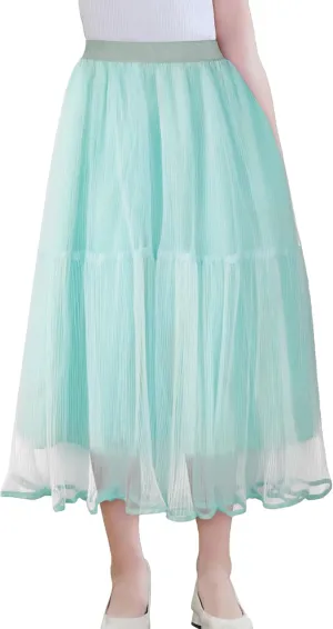 SEAUR Girls' Tulle A-line Mesh Long Tutu Skirts Casual Elastic High Waist Layered Skirt Party Princess Skirt